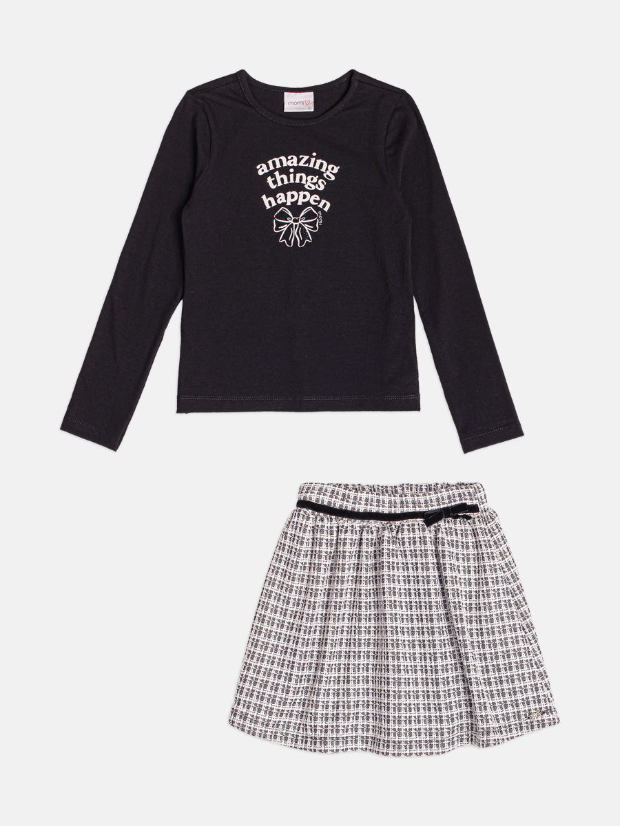 Conjunto Manga Longa Blusa e Saia Preto Momi