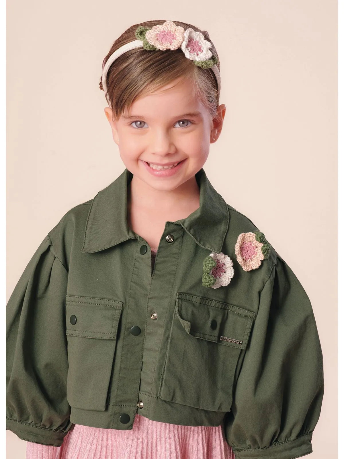 Jaqueta Sarja Flores Crochê Verde Escuro - BambolePetit
