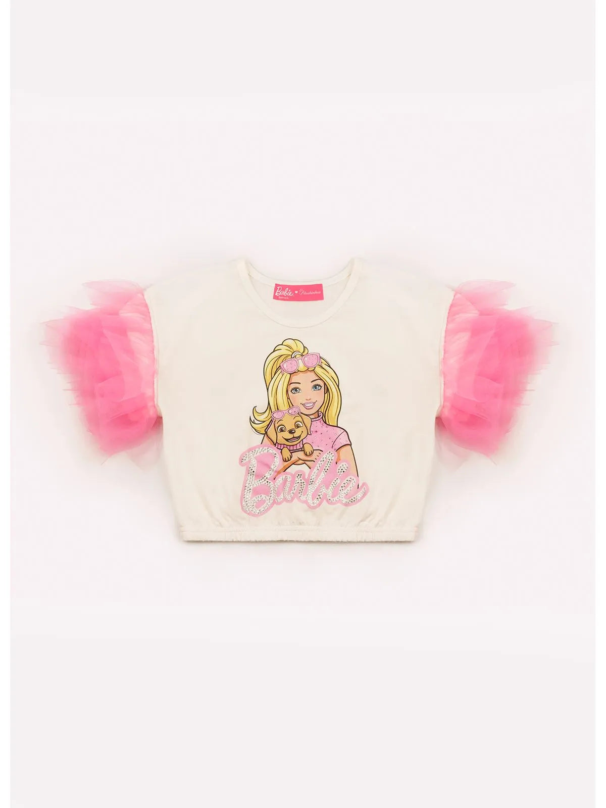 Blusa Cotton Serigrafia Barbie Cachorro Tule Mangas Off White - BambolePetit