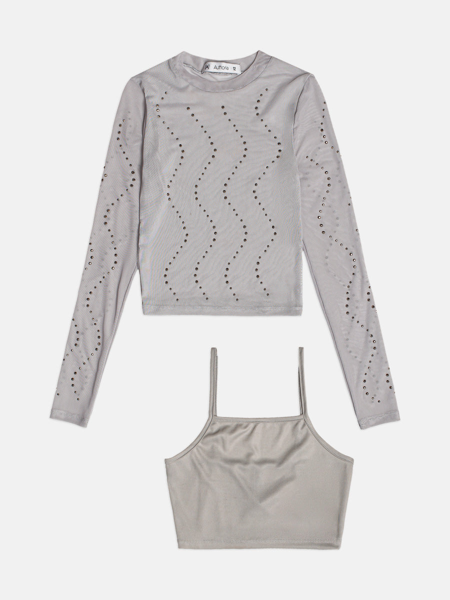 Blusa Tule Com Strass Cinza Claro I Am