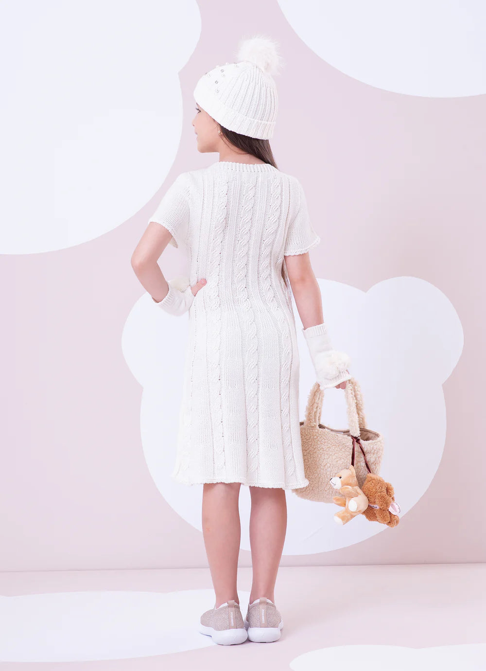 Vestido Tricot Sem Costura Canelado Laço Bordado Off White Pituchinhus