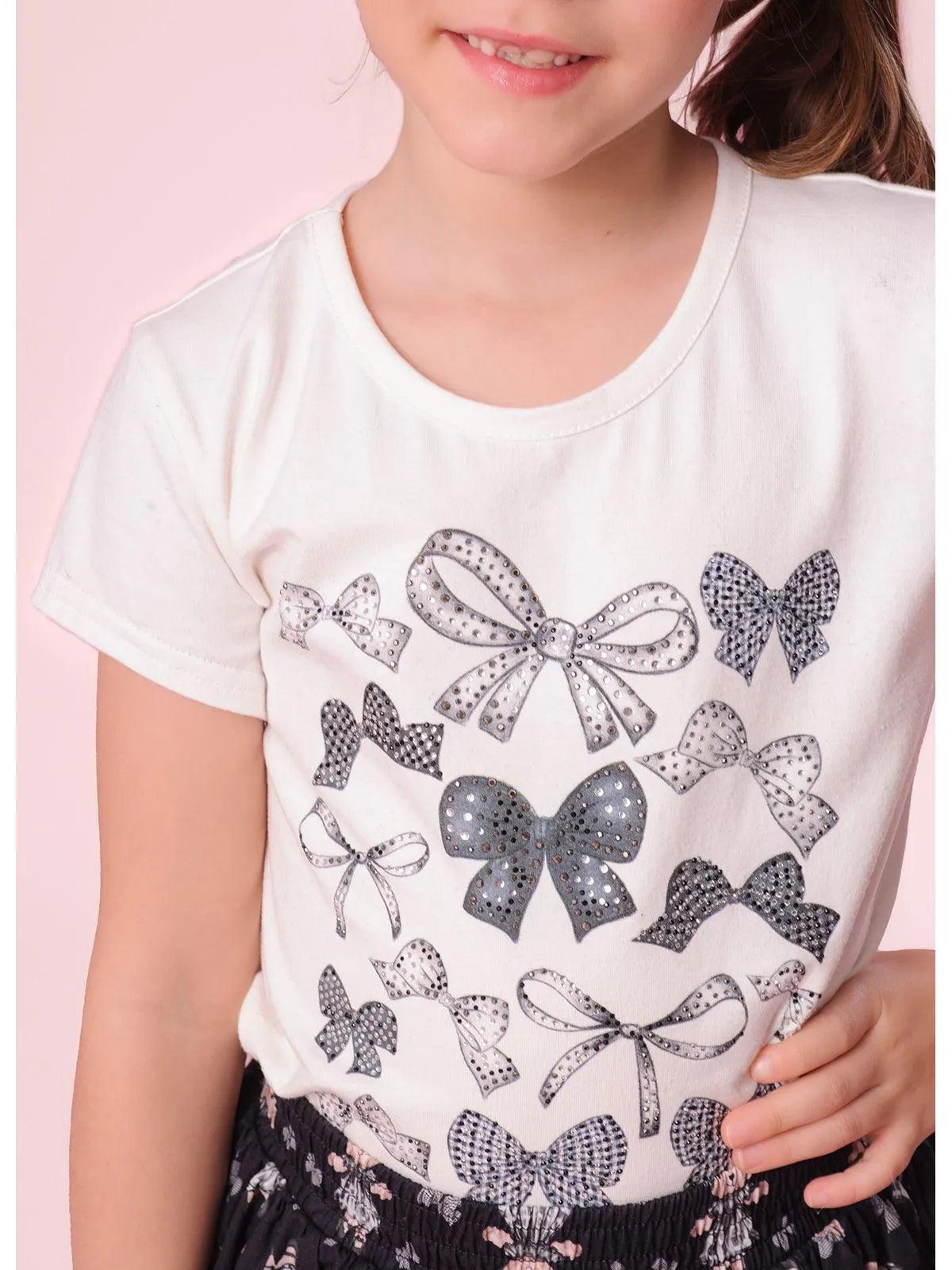 Blusa Cotton Serigrafia Multi Laços Cristais Off White - BambolePetit