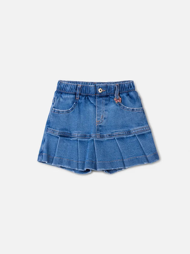 Short Saia Jeans com Pregas