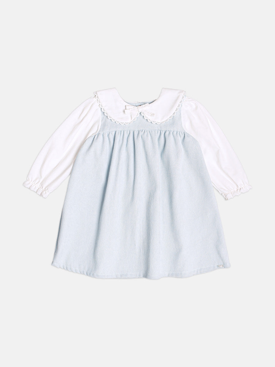 Vestido Manga Longa Cotele Com Gola Azul Sky Momi
