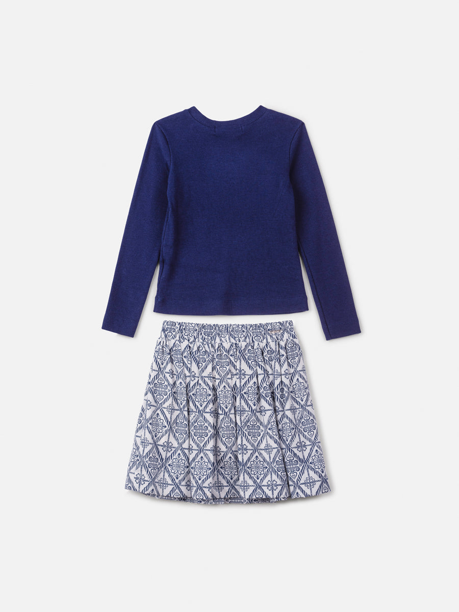 Conjunto Manga Longa Blusa Laço Saia Azul Marinho - BambolePetit