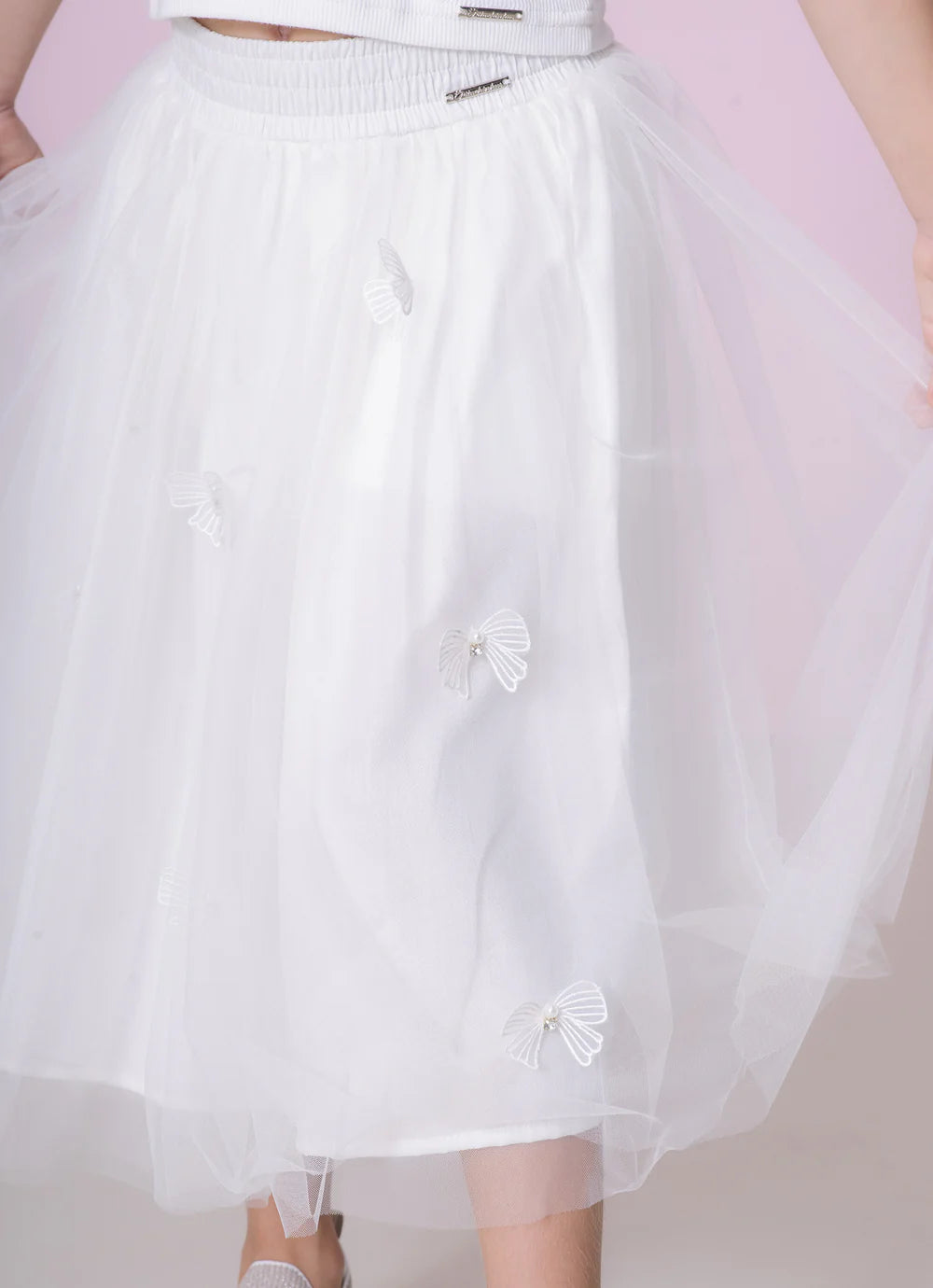 Saia Short Tule Laçinhos Aplicados Off White Pituchinhus