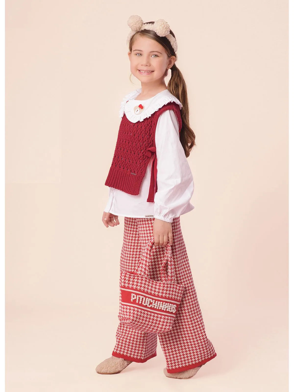 Calça Tricot Reta Pied de Poule Vermelho - BambolePetit
