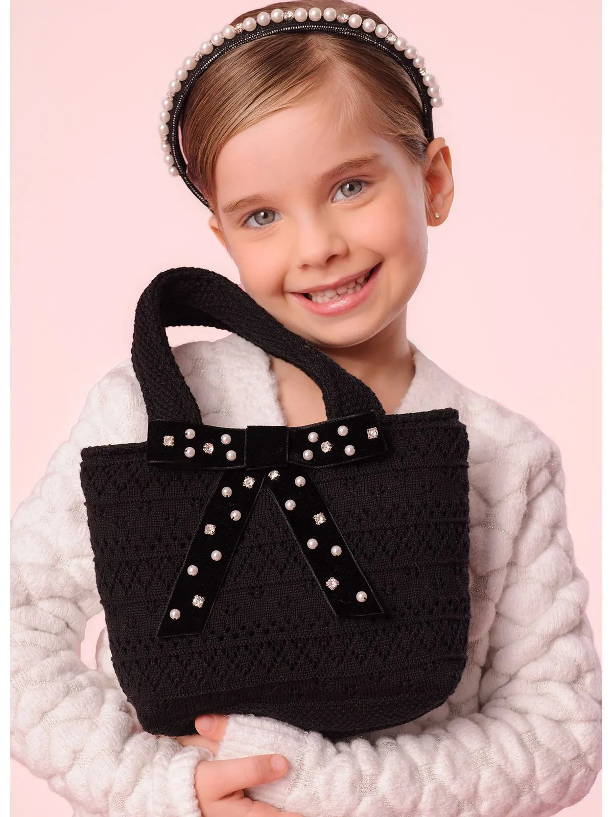 Bolsa Tricot Multi Pontos Laço Veludo Bordado Preto - BambolePetit