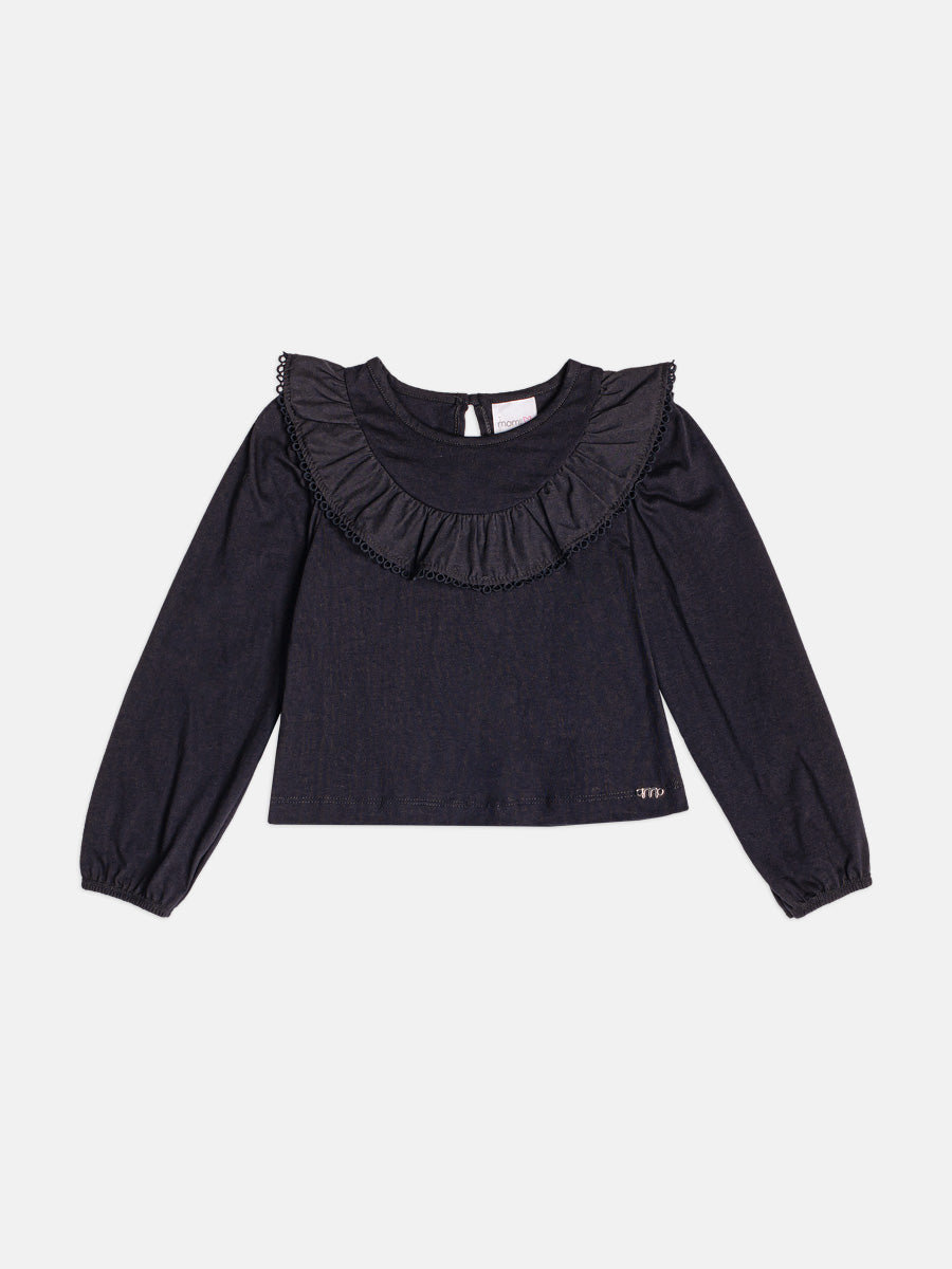 Blusa Manga Longa Com Babado E Renda Preto Momi