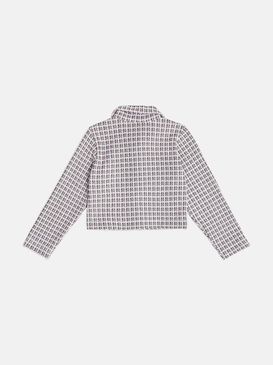 Jaqueta De Tweed Com Lacos Xadrez Preto/Off Momi