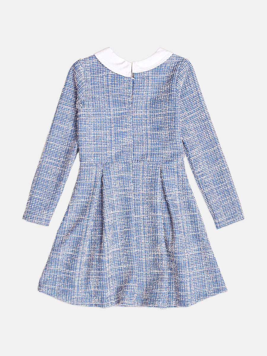 Vestido De Tweed Com Gola Xadrez Azul/Off Momi