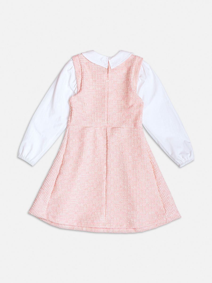 Vestido Manga Longa De Tweed Com Gola Rosa - BambolePetit