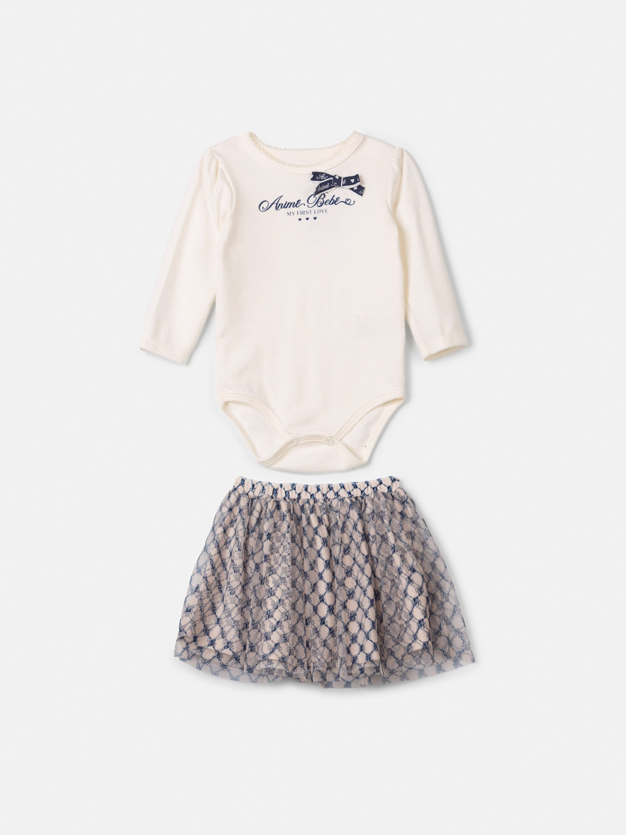Conjunto Manga Curta Body e Saia Perola Animê