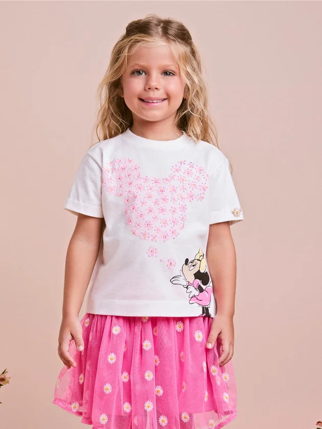 T-Shirt Off da Minnie com Flores e Strass Anime