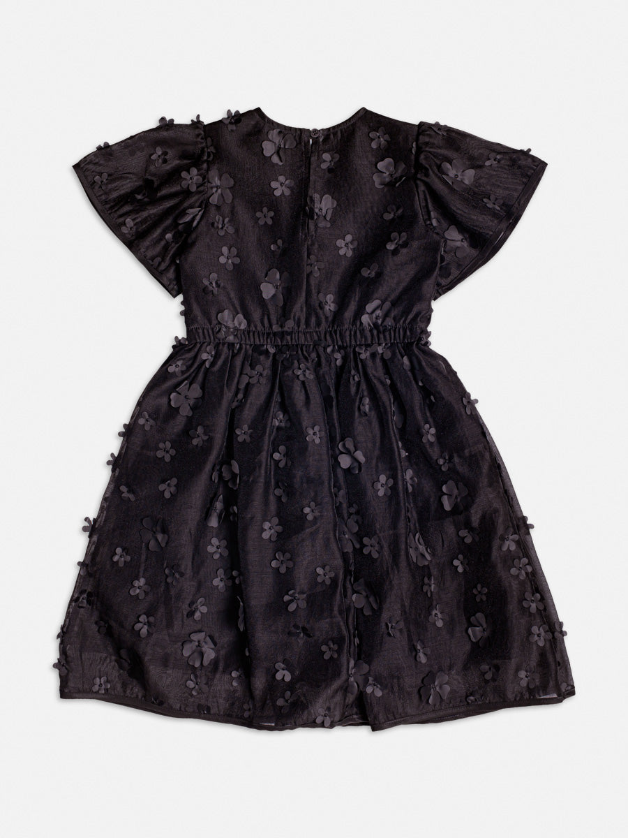 Vestido Tafeta Bordado Flores Preto - BambolePetit