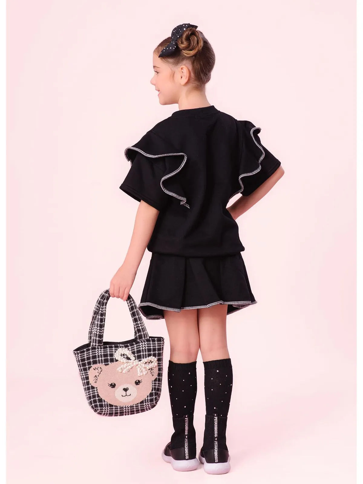 Blusa Moletom Babados Debrum Xadrez Preto - BambolePetit