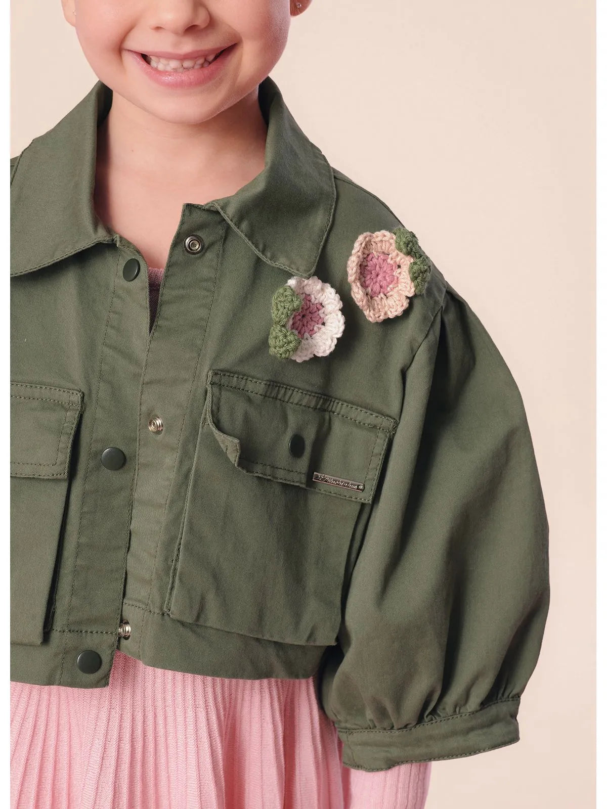 Jaqueta Sarja Flores Crochê Verde Escuro - BambolePetit