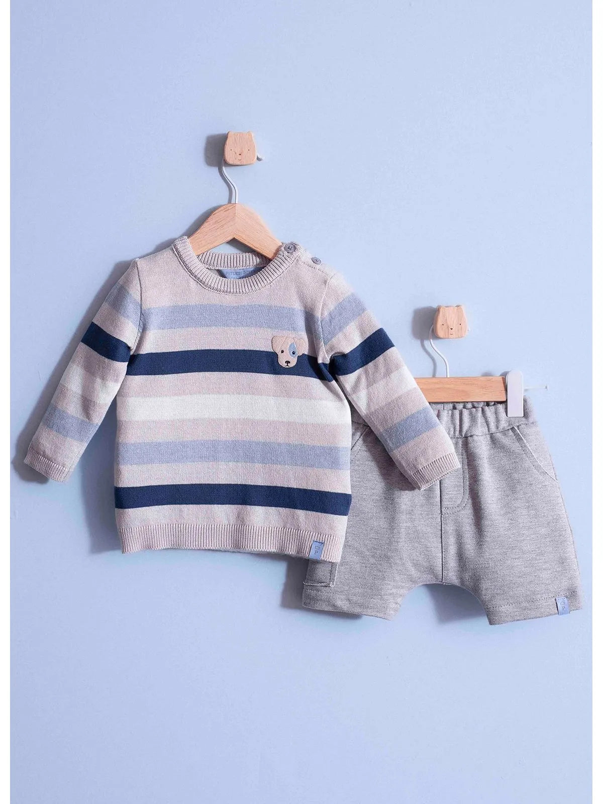 Conjunto Blusa Tricot Listrada e Bermuda Moletom Bolsos Mescla Claro - BambolePetit