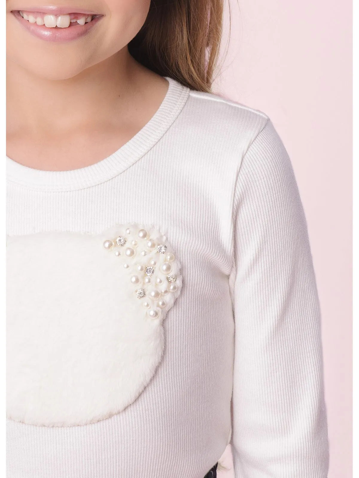 Blusa Ribana Rosto Ursa Pele Bordados Off White - BambolePetit
