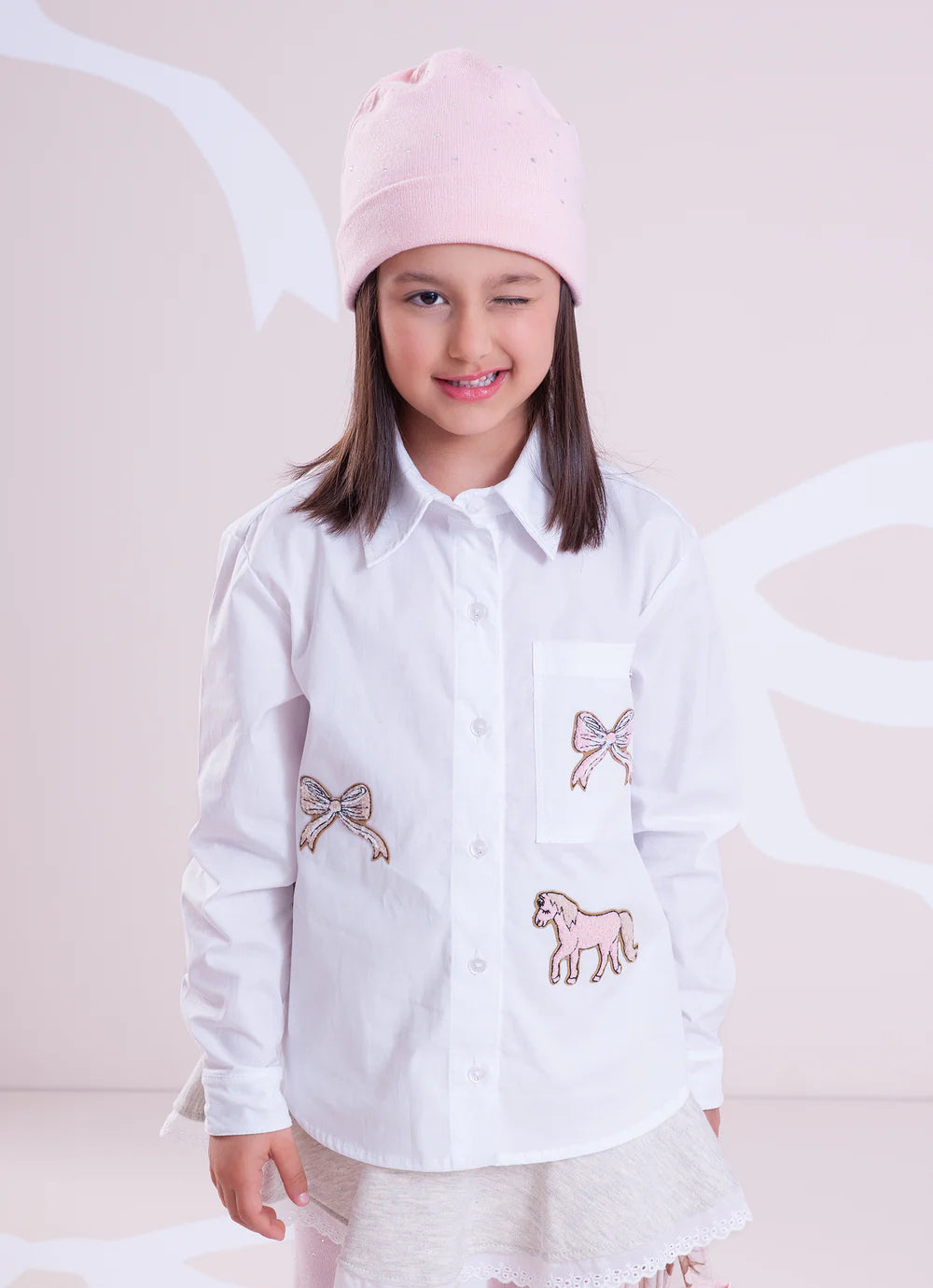 Camisa Tricoline Ampla Patches Laços E Cavalinho Branco Pituchinhus