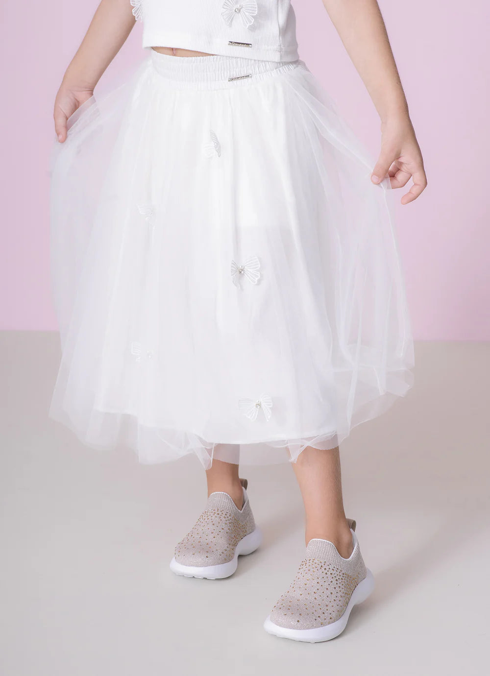 Saia Short Tule Laçinhos Aplicados Off White Pituchinhus