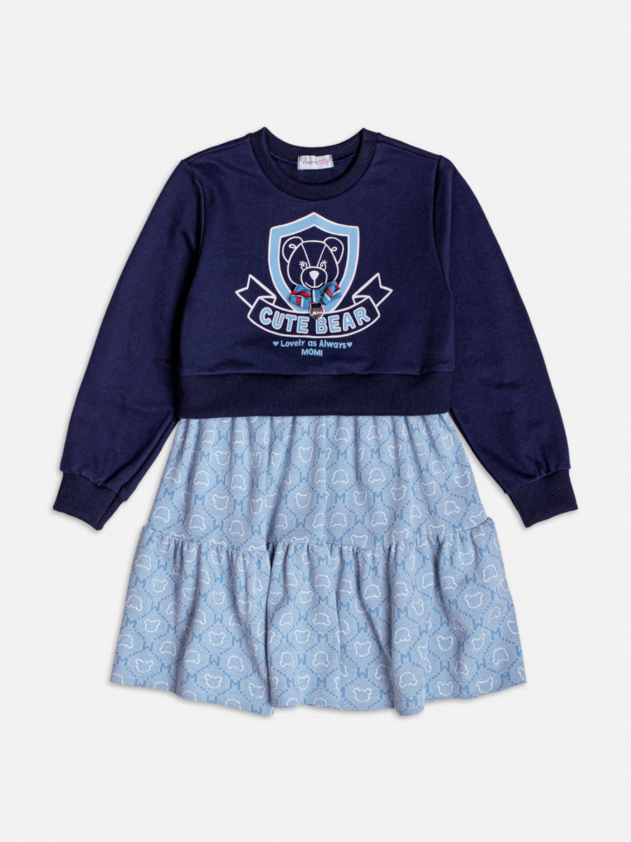 Vestido Com Saia Jacquard Urso Azul Marinho - BambolePetit