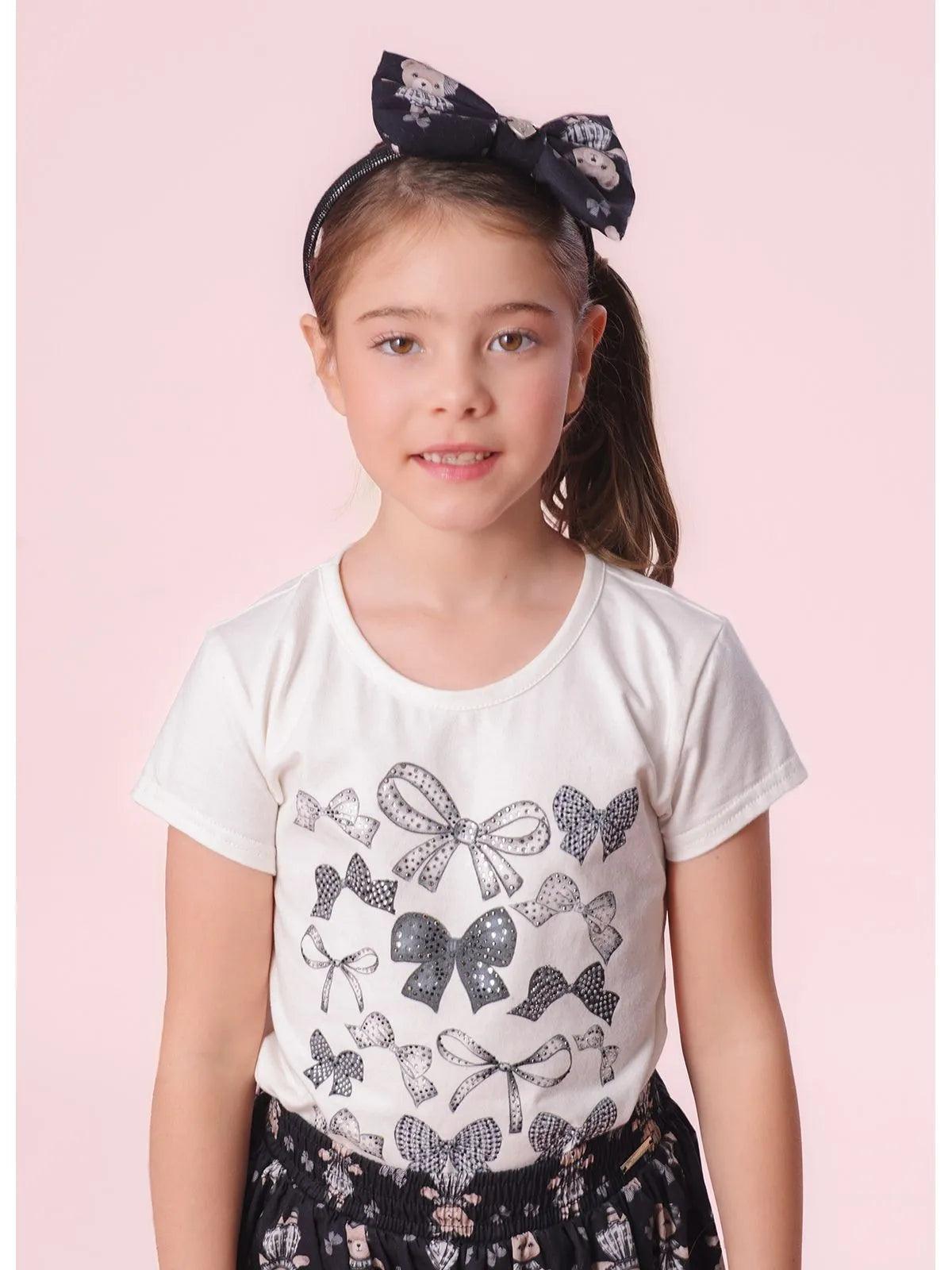 Blusa Cotton Serigrafia Multi Laços Cristais Off White - BambolePetit