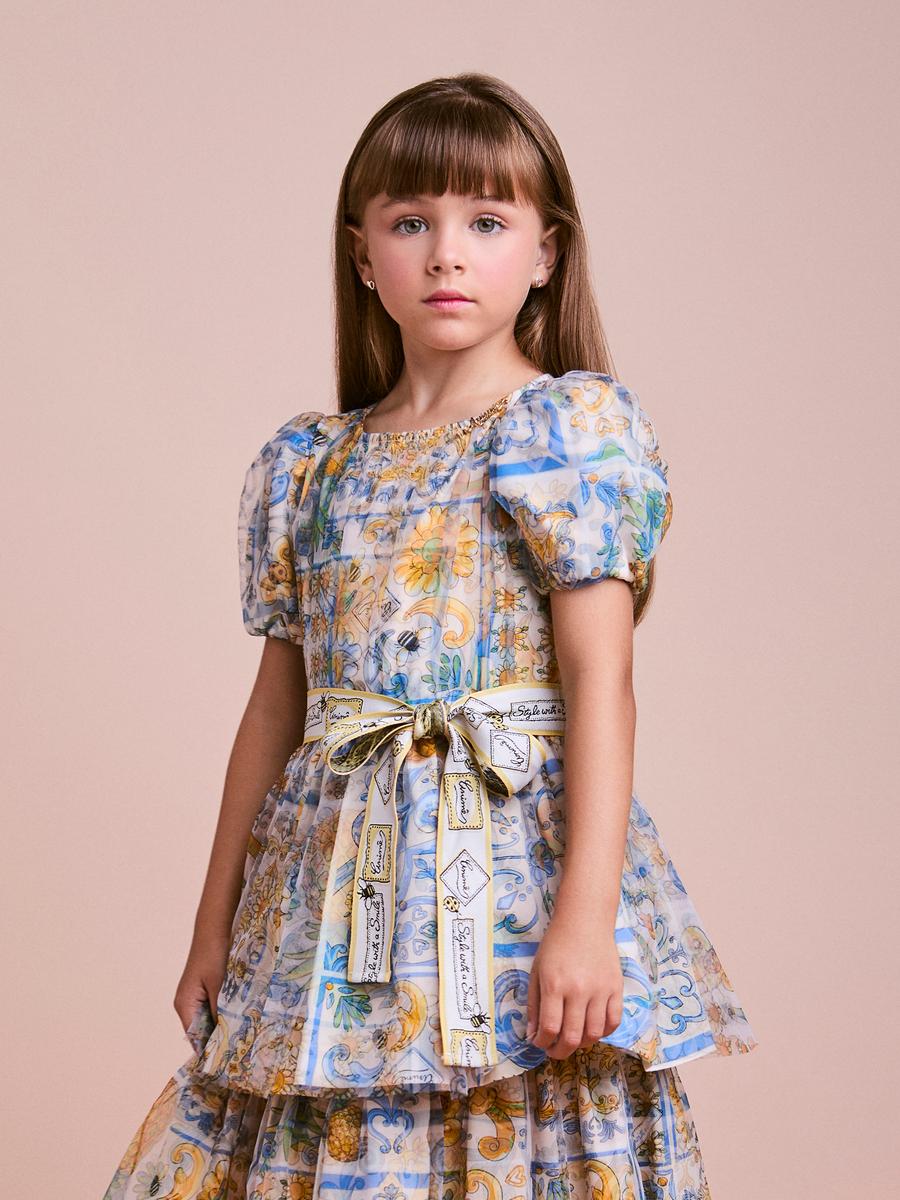 Vestido de Tule Estampado com Faixa Anime