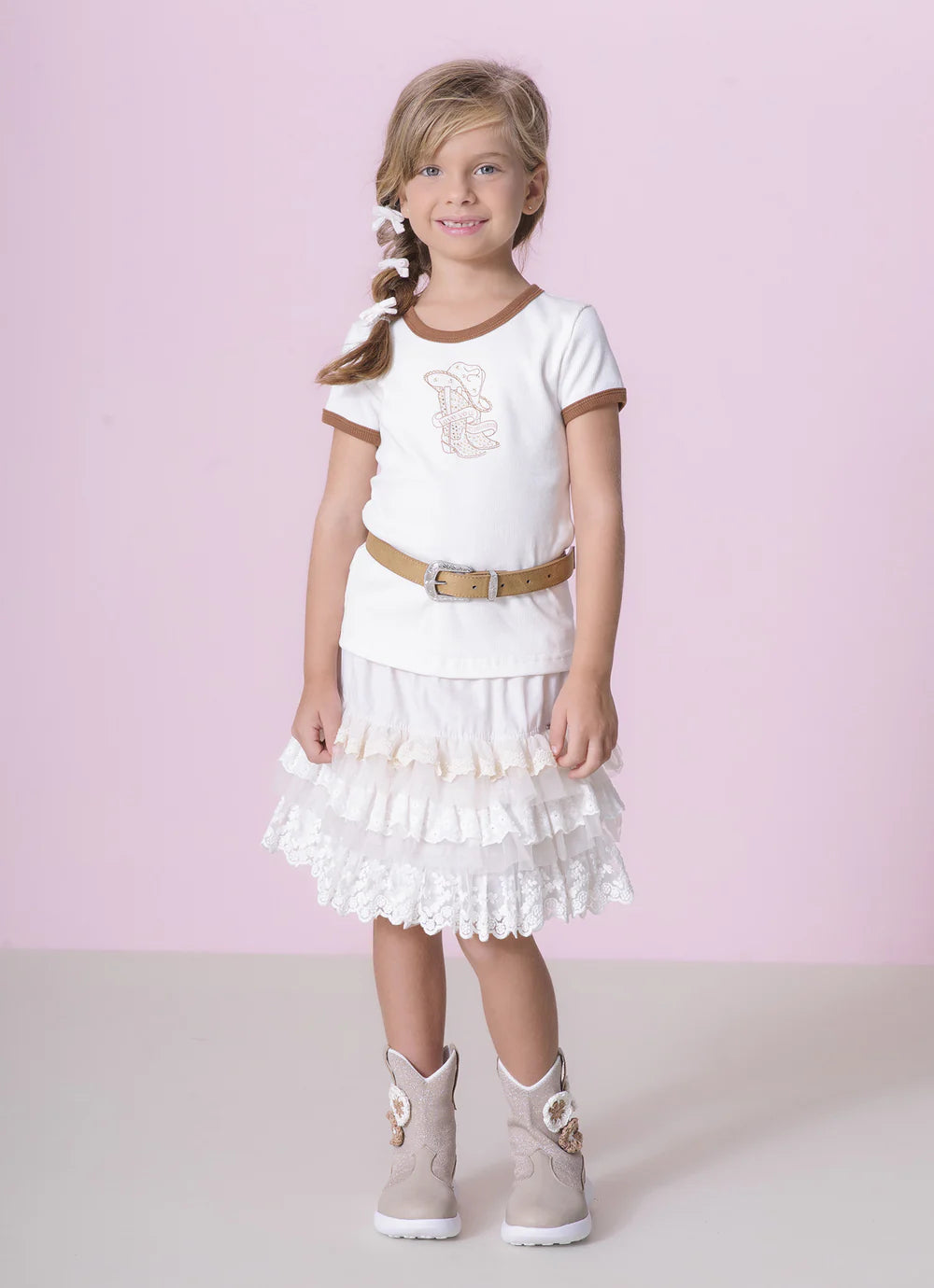 Blusa Ribana Botinha, Chapéu e Ursinha Off White Pituchinhus