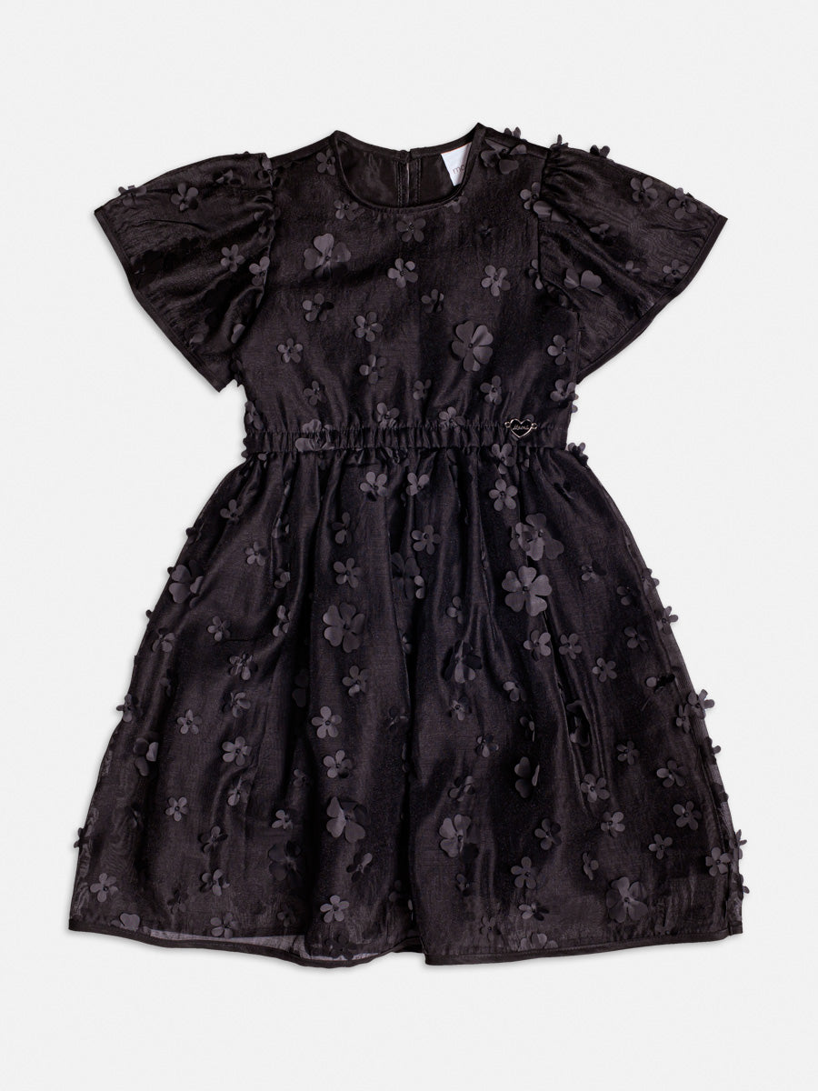 Vestido Tafeta Bordado Flores Preto - BambolePetit