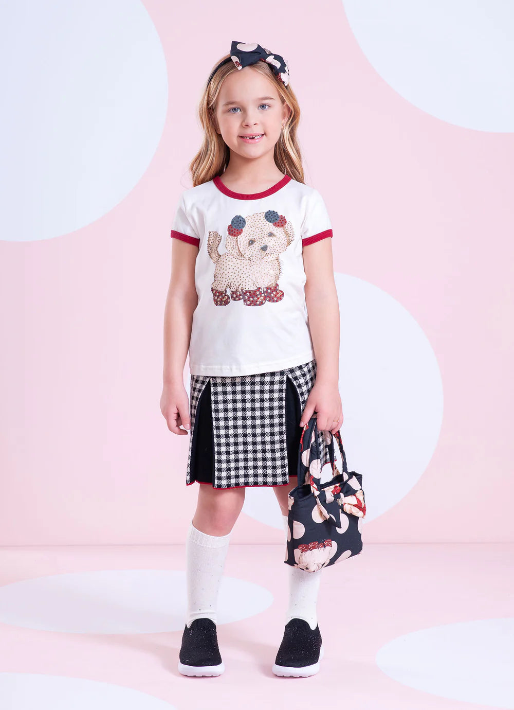Saia Short Tricot Xadrez Pregas Preto Pituchinhus