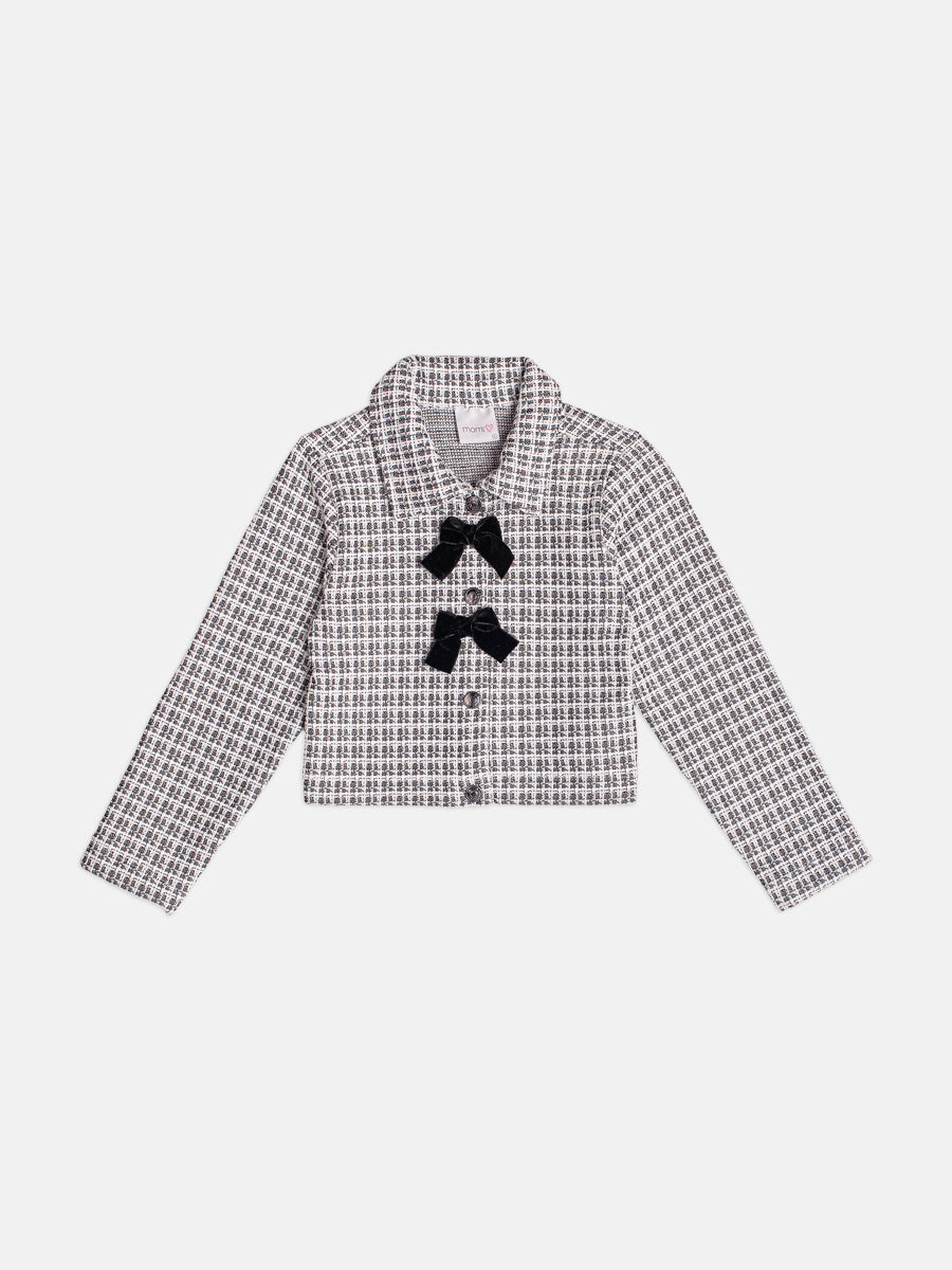 Jaqueta De Tweed Com Lacos Xadrez Preto/Off Momi