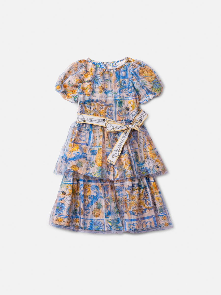 Vestido de Tule Estampado com Faixa Anime