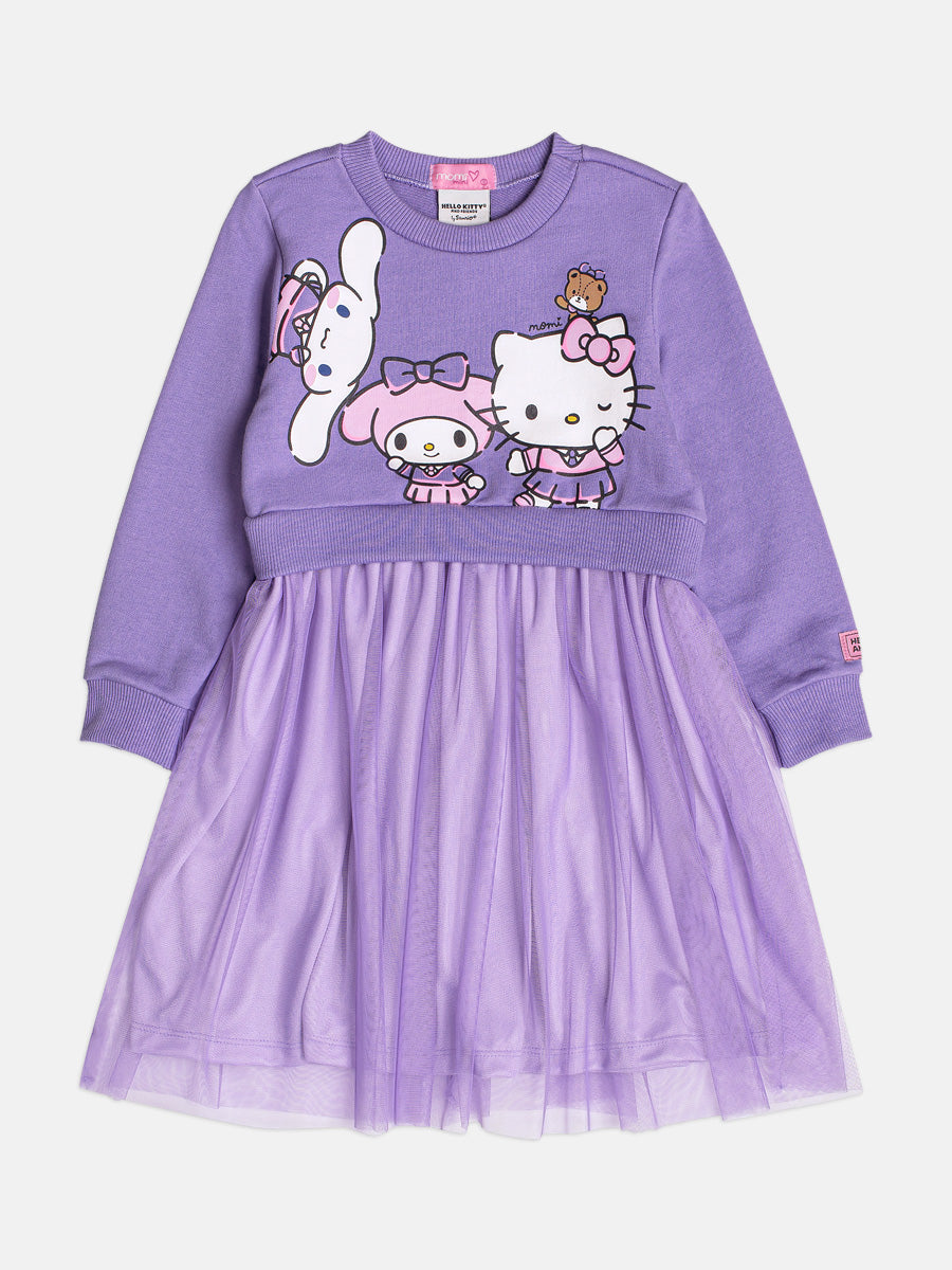 Vestido Manga Longa Em Tule Hello Kitty Lilas Alfazema Momi