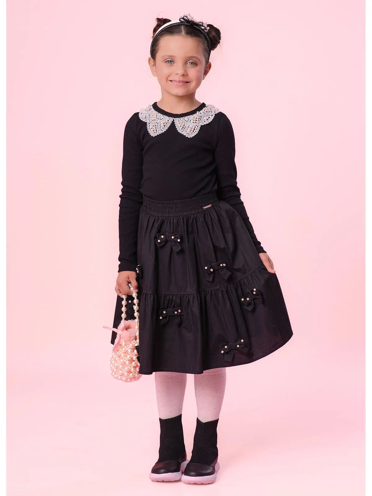 Saia Short Tricoline Multi Laços Bordados Preto - BambolePetit