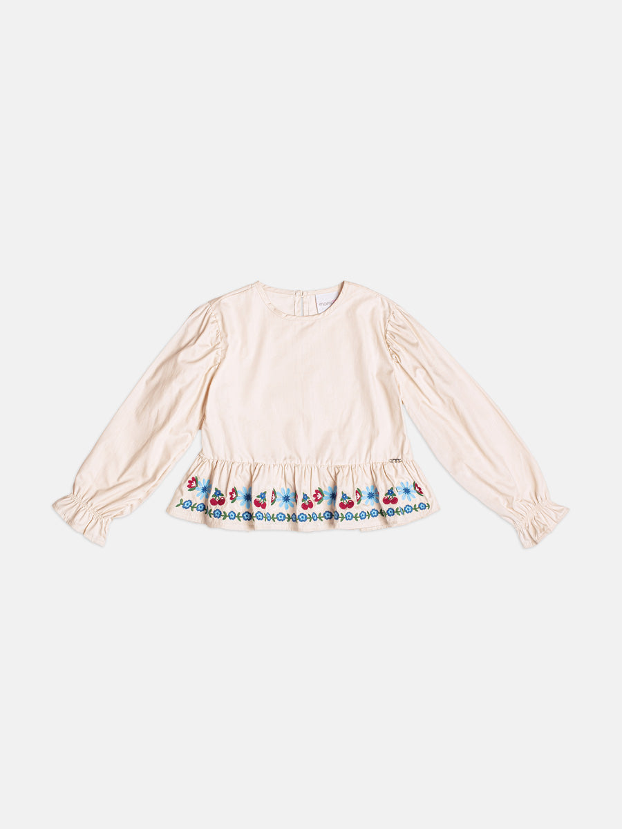 Blusa Manga Longa Bordado Flores Bege Vanilla Momi