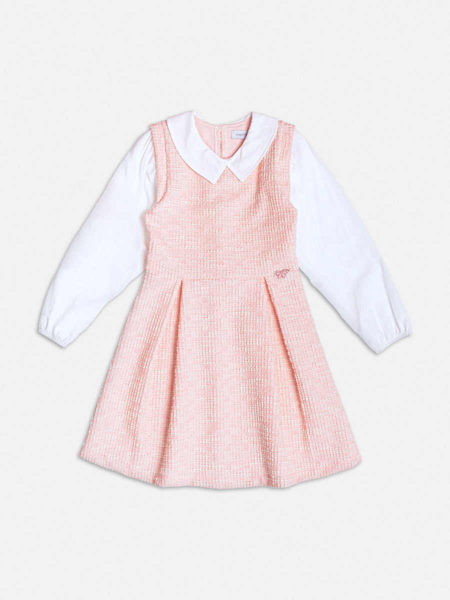 Vestido Manga Longa De Tweed Com Gola Rosa - BambolePetit