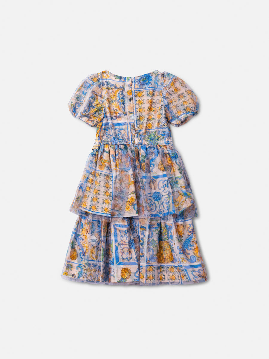 Vestido de Tule Estampado com Faixa Anime