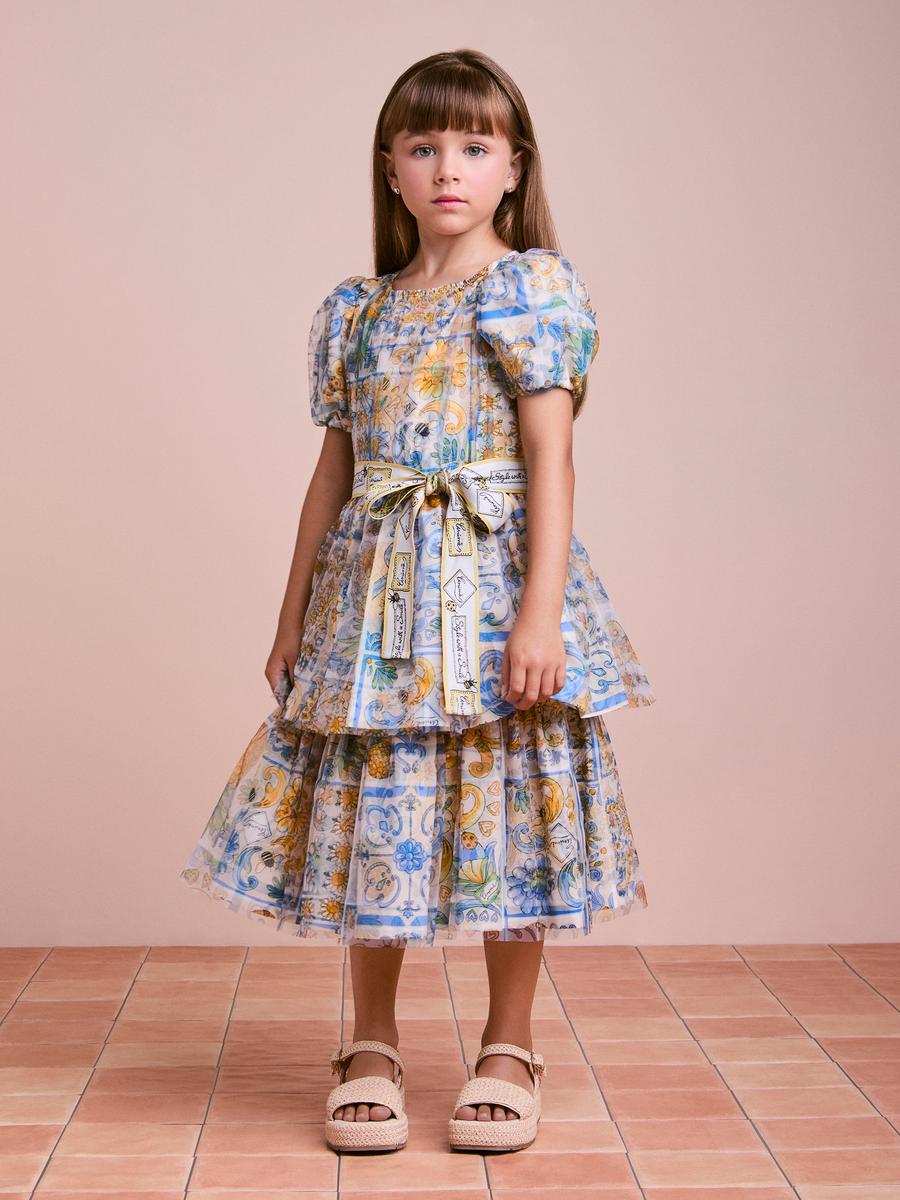 Vestido de Tule Estampado com Faixa Anime