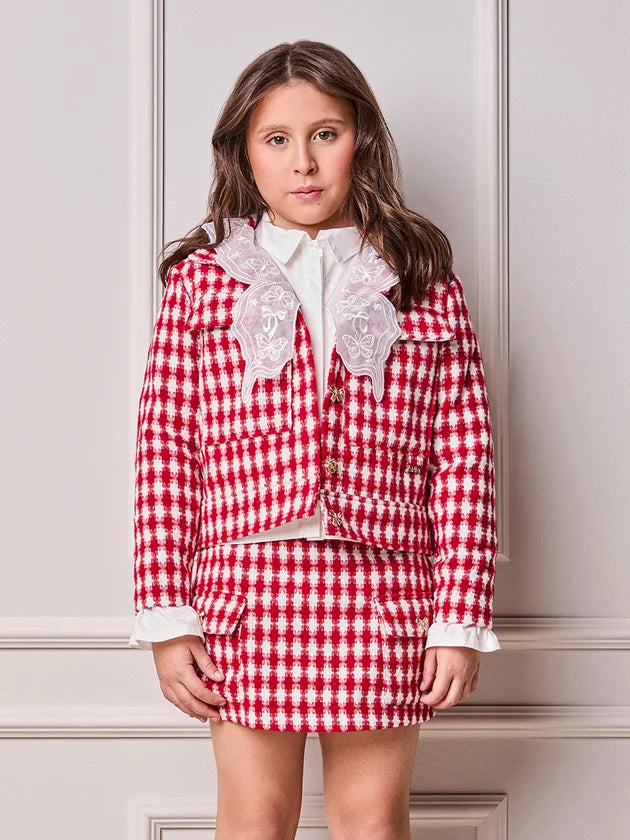 Casaco Tweed Xadrez Vermelho/Off Animê