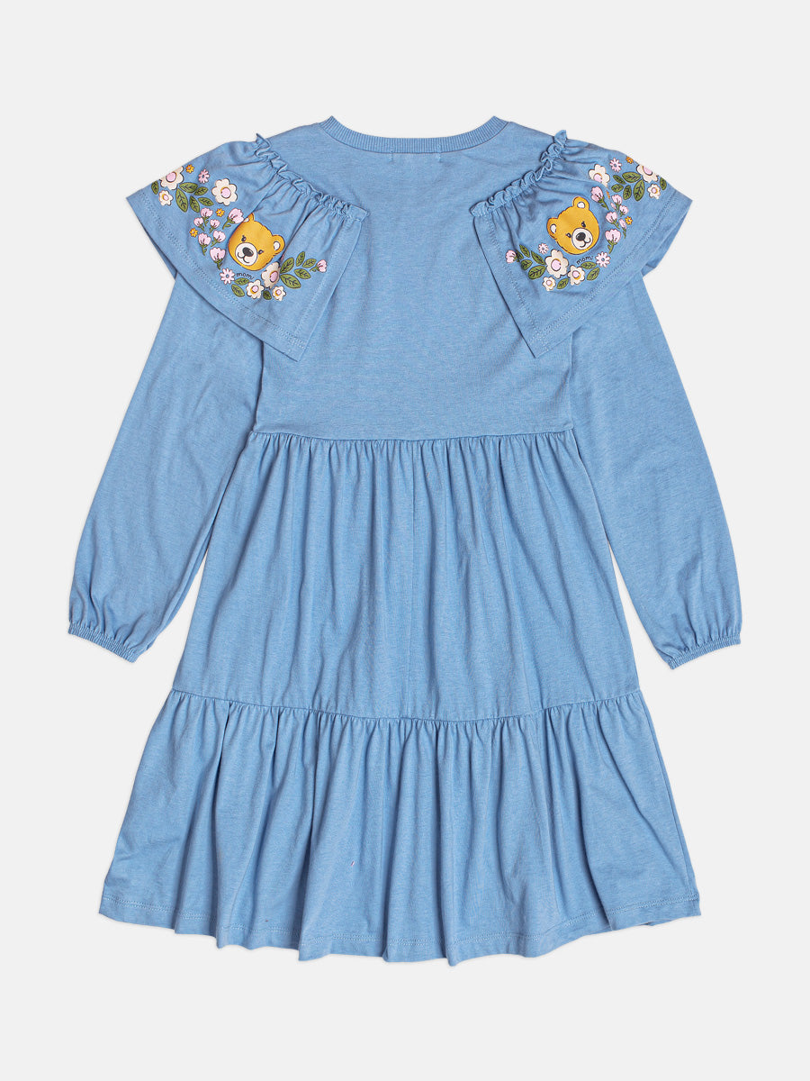 Vestido Manga Longa Com Babado Ursinhos Azul Safira Momi