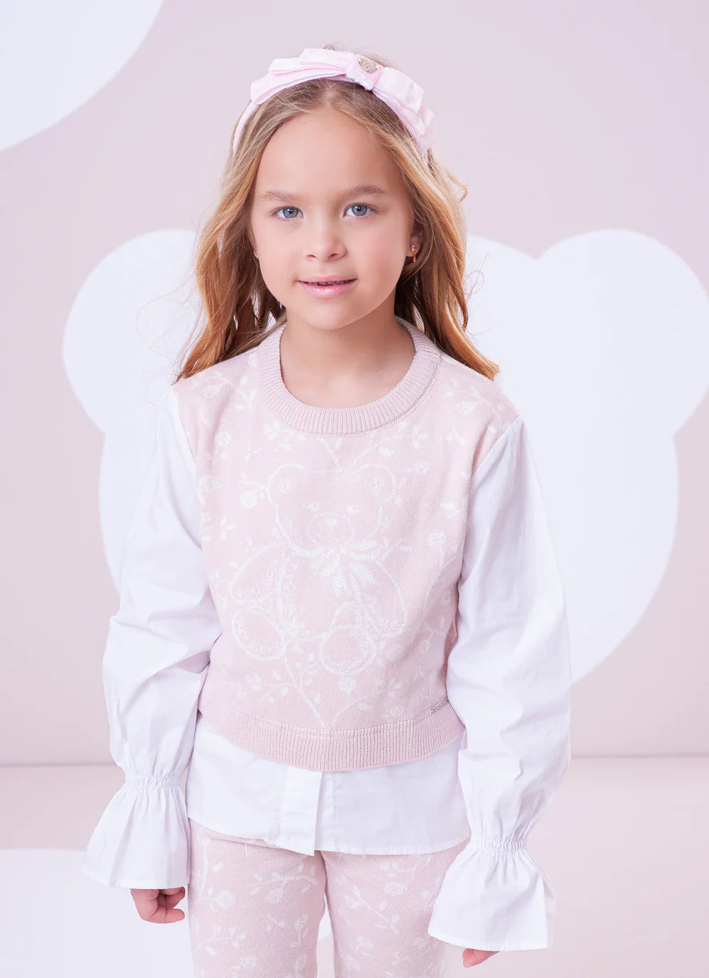 Blusa Tricot Floral Ursinha Mangas E Barra Algodão Rosa Mel Pituchinhus