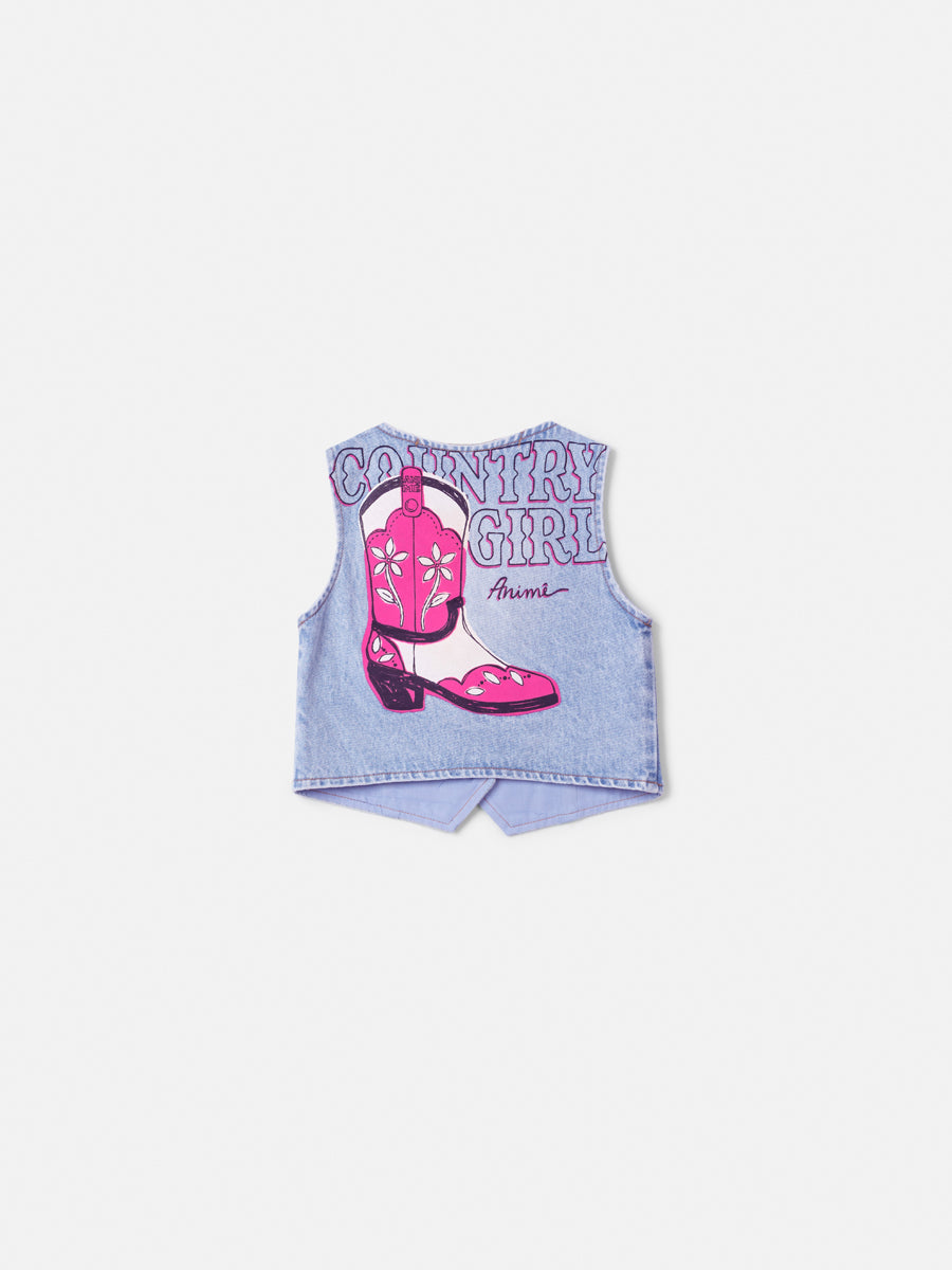 Colete Jeans Bota com Strass Aplicado Anime