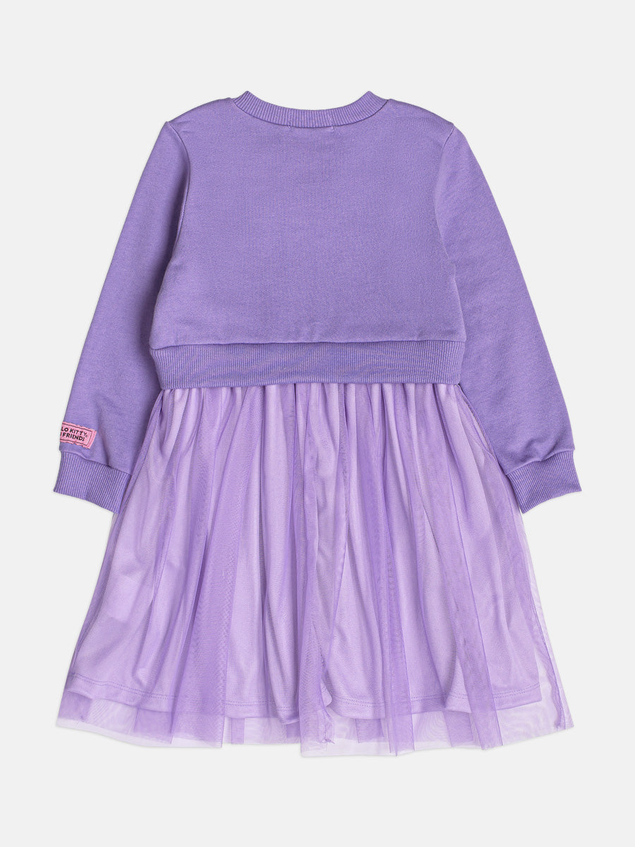 Vestido Manga Longa Em Tule Hello Kitty Lilas Alfazema Momi