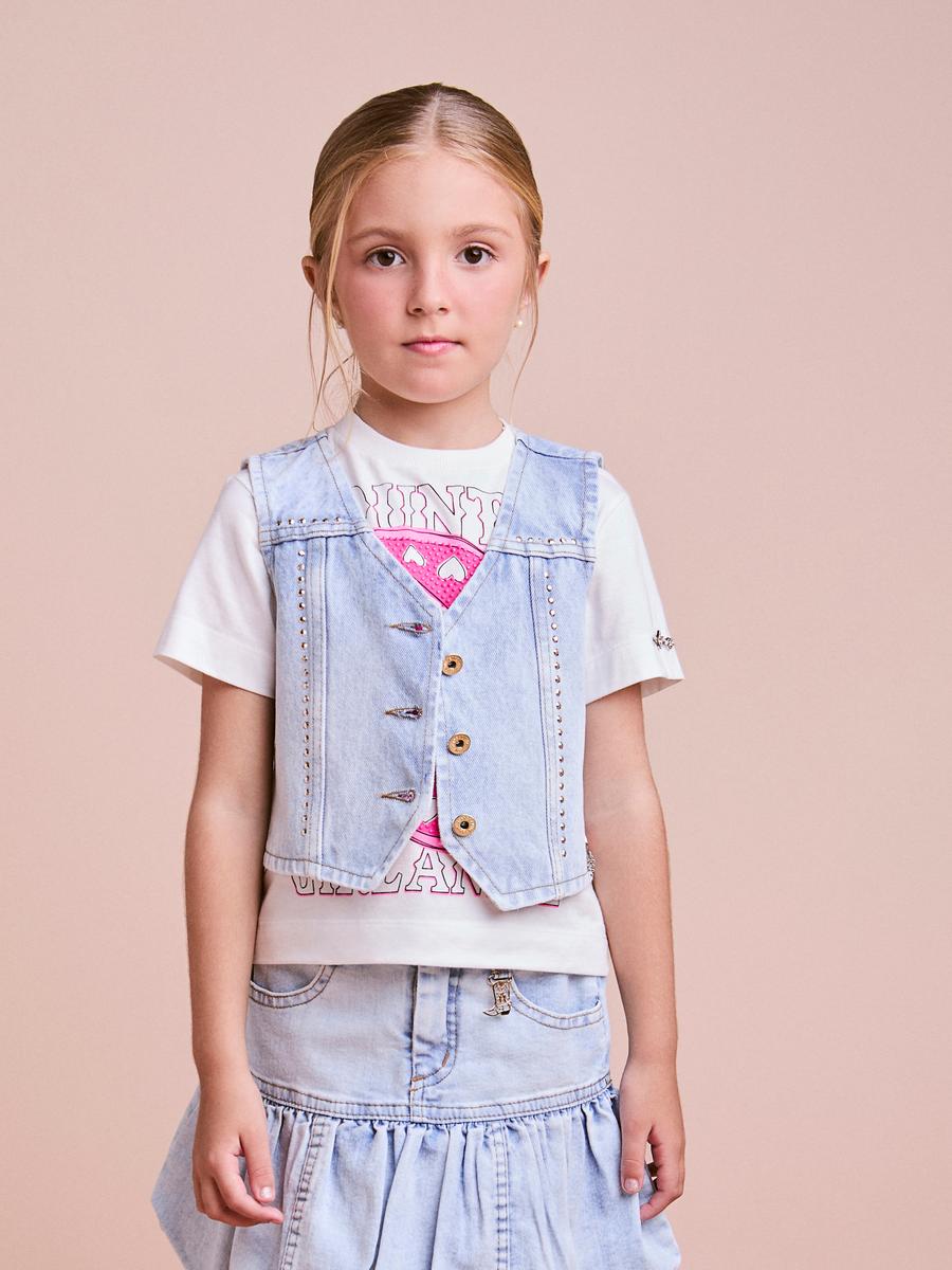 Colete Jeans Bota com Strass Aplicado Anime