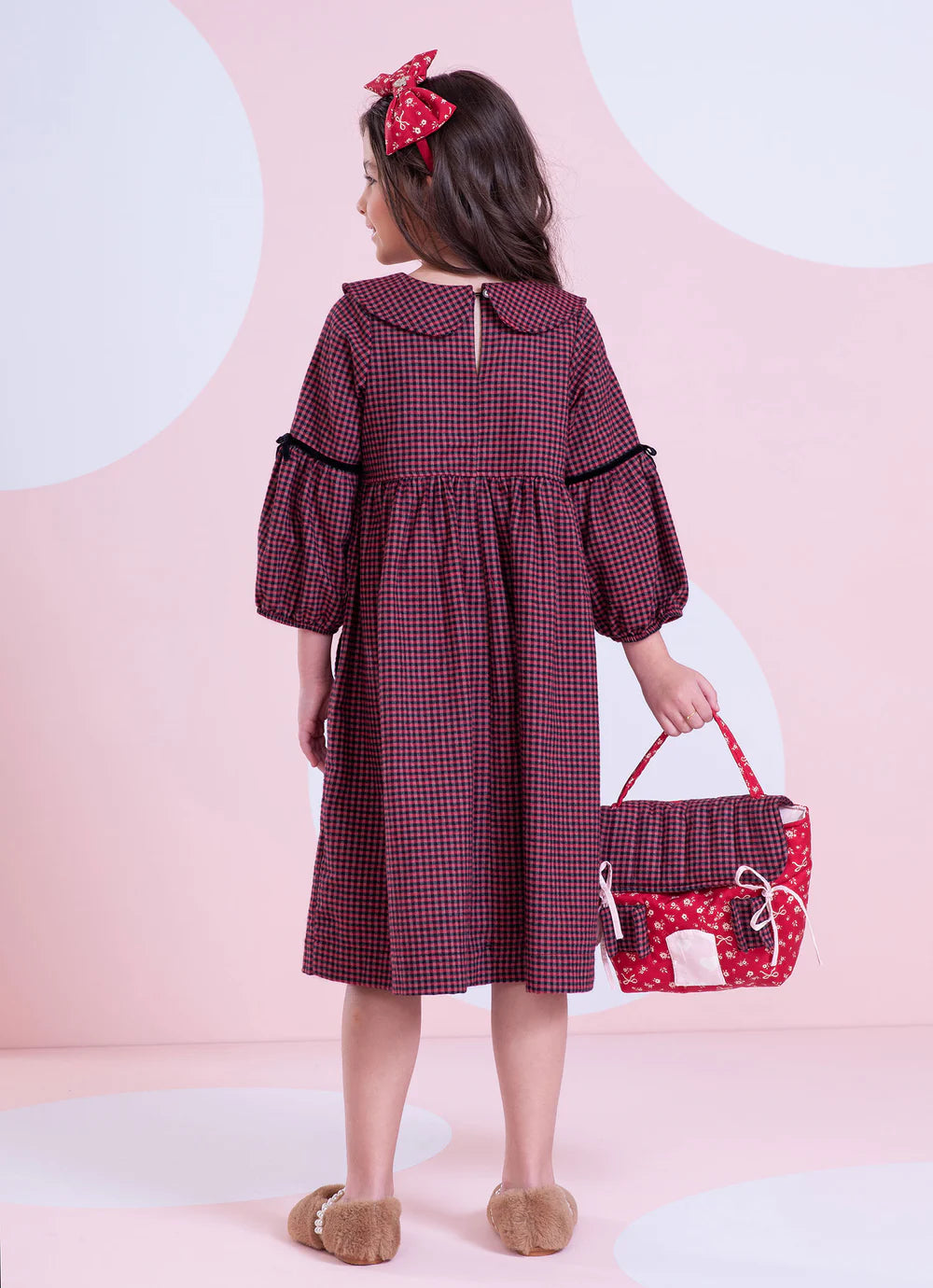 Vestido Xadrez Golinha Laços Veludo Vermelho Pituchinhus