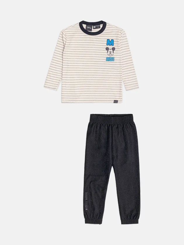 Conjunto Manga Longa Tshirt e Calca Listrado Off/Preto Youccie