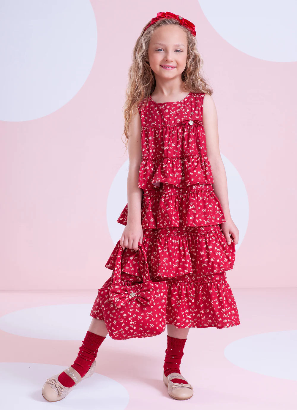 Vestido Algodão Est Mini Floral Babados Mini Flores E Lacos Pituchinhus