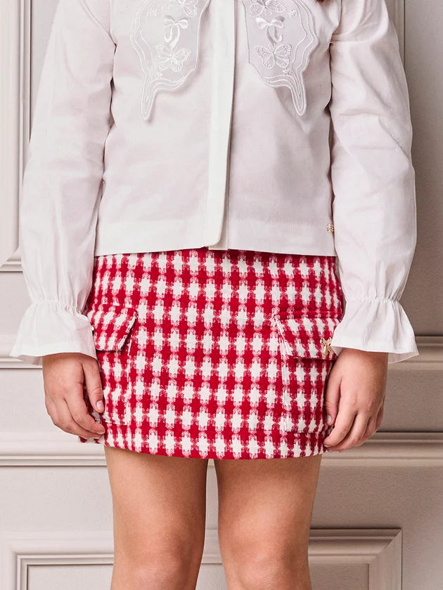 Short Saia Em Tweed Xadrez Vermelho/Off Animê
