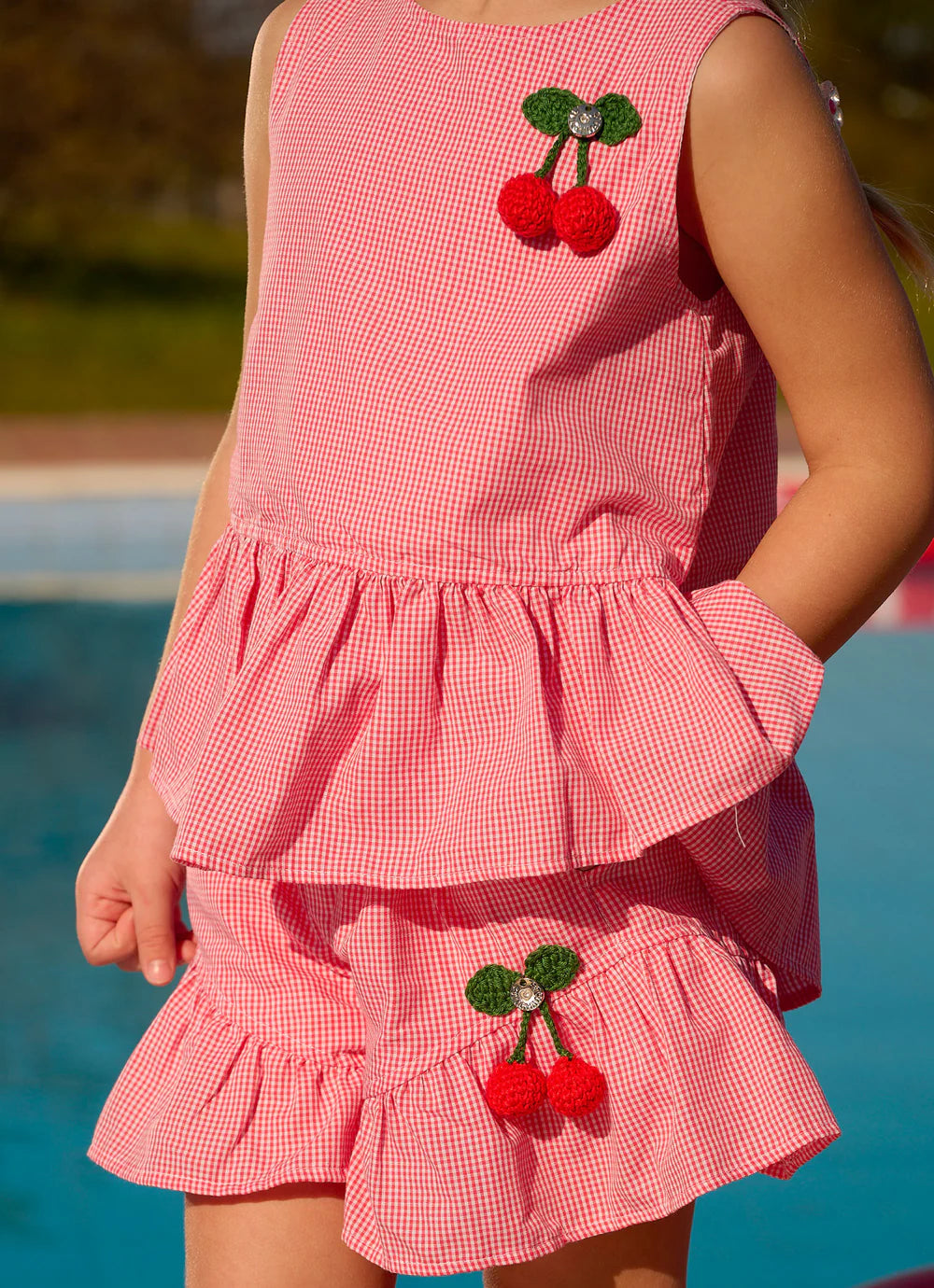 Blusa Algodão Xadrez Cereja Crochê Resort Pituchinhus